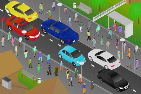 A busy street with moving cars and people walking along the sidewalks. Bright illustration of...