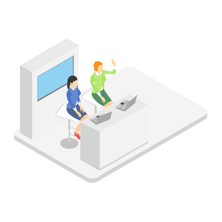 Reception area with two girls sitting on chairs behind laptops. flat style. isometric view. 3D. vector illustrationのイラスト素材
