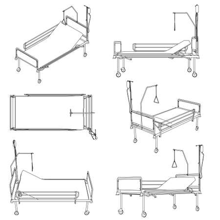 Set with contours of a hospital bed with a dropper from black lines isolated on a white background. Side view, top view, isometric. Vector illustrationのイラスト素材