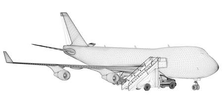 Wireframe of a passenger plane with an approached ladder for disembarking people from black lines...