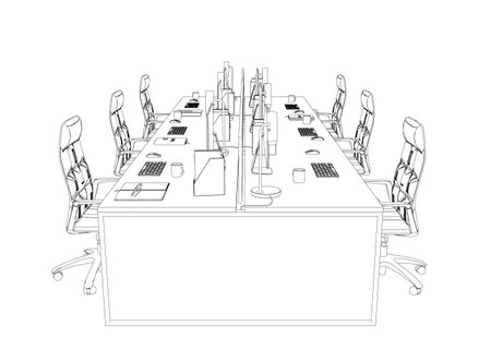 Contour Office room. There are tables, chairs, computers, case for documents and other objects. Office interior with furniture. Modern business workplace or workspace design. Vector illustration. 3Dのイラスト素材