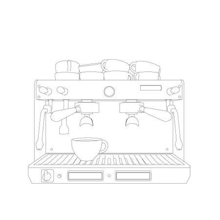 Coffee machine vector line illustration. Coffee maker line art vector illustration. Espresso coffee machine blueprint. Outline drawing of coffeemaker. Industrial linear concept.のイラスト素材