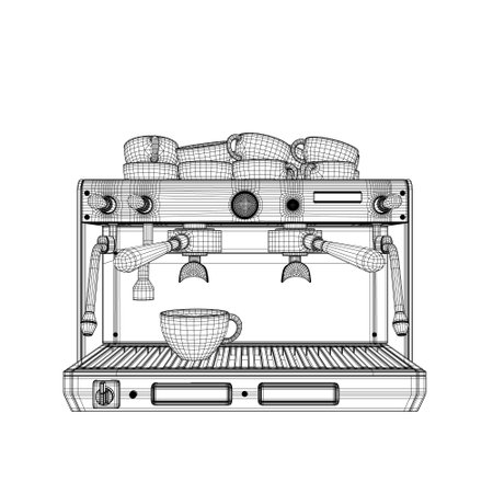 Coffee machine vector line illustration. Coffee maker line art vector illustration. Espresso coffee machine blueprint. Wireframe drawing of coffeemaker. Industrial linear concept. 3Dのイラスト素材