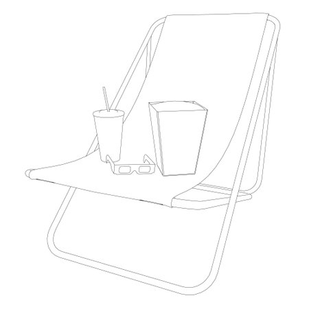 Outline of a folding beach chair with a package of popcorn, a glass of soda and cinema glasses. Vector illustration.のイラスト素材