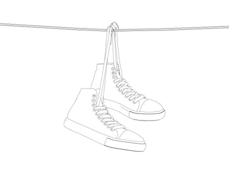 Contour Sneakers hanging from a rope on the white background. Vector illustration.のイラスト素材
