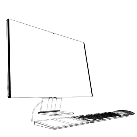 Monitor PC mockup. Wireframe thin frame monitor or PC with mouse and keyboard isolated on white background. Wireframe for website, presentation. Vector monitor, keyboard, computer mouse. 3D.のイラスト素材