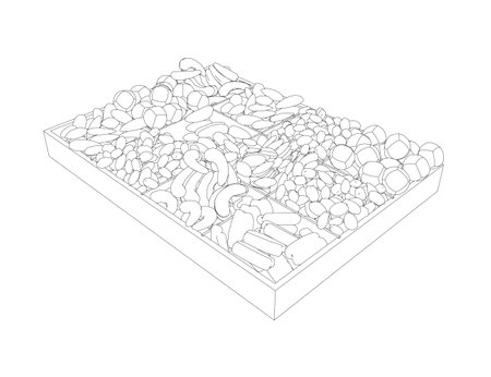 Vector nuts set contour. Vector background of dry nuts and seeds - almond, cashew, peanut, walnut, pistachio. Food for grocery shop, black and white color.のイラスト素材