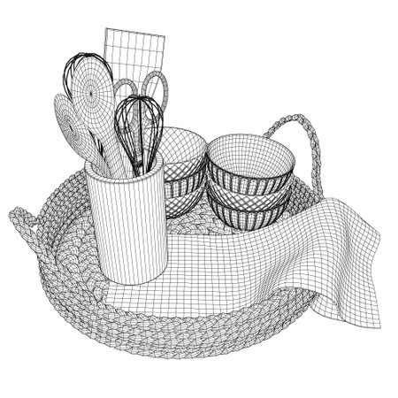 Wireframe of drawn illustration kitchen tools. Contour of kitchen utensils in a basket. 3D.のイラスト素材