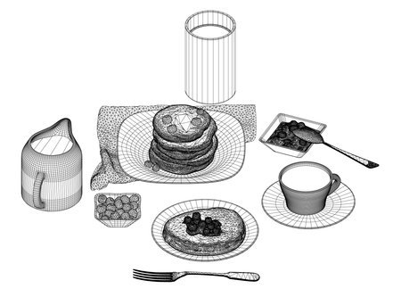 Various healthy morning food and breakfast meals hand drawn with wireframe lines on white background - berry, toasts, waffles. Vector illustration. Wireframe on white background. 3D.のイラスト素材