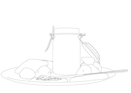 Outline healthy morning food and breakfast meals hand drawn with contour lines on white background - toasts, strawberry. Vector illustration..のイラスト素材