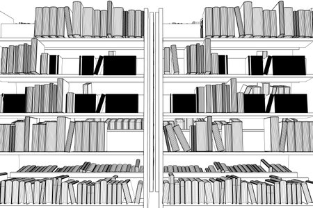 Vector of library book shelf background. Mockup of bookshelf with blank books. Wireframe Books on the shelves simply retro vector illustration. line drawing of book, education, school, study 3D.のイラスト素材