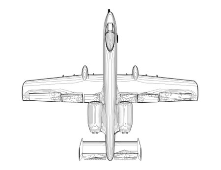 Outline Combat aircraft in isolate on a white background. Modern combat aircraft. Stylized image of a fighter jet on a white background. Vector image for prints, posters and illustrations..のイラスト素材