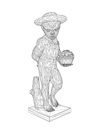 Boy sculpture statue wireframe. Vector illustration. Isolated on white background. Boy is holding a cup in his hand. 3D..のイラスト素材