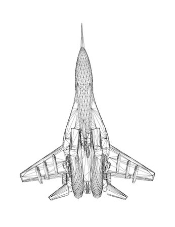 Military fighter jet wireframe. Vector art illustration of wireframe airplane. Modern war aircraft. Supersonic speed. 3D..のイラスト素材