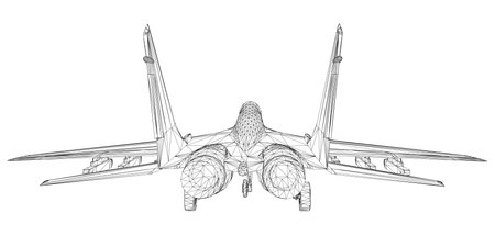 Military fighter jet wireframe. Vector art illustration of wireframe airplane. Modern war aircraft. Supersonic speed. 3D..のイラスト素材