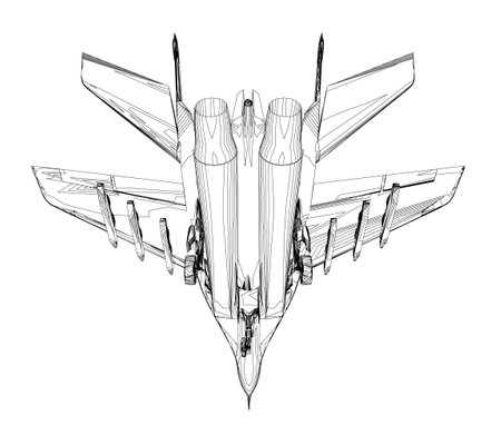 Military fighter jet outline. Vector art illustration of contour airplane. Modern war aircraft. Supersonic speed. 3D.のイラスト素材