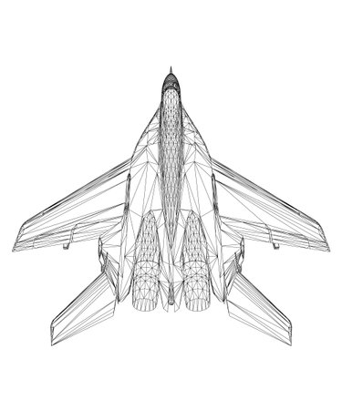 Military fighter jet wireframe. Vector art illustration of wireframe airplane. Modern war aircraft. Supersonic speed. 3D..のイラスト素材