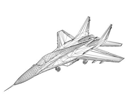 Military fighter jet wireframe. Vector art illustration of wireframe airplane. Modern war aircraft. Supersonic speed. 3D..のイラスト素材