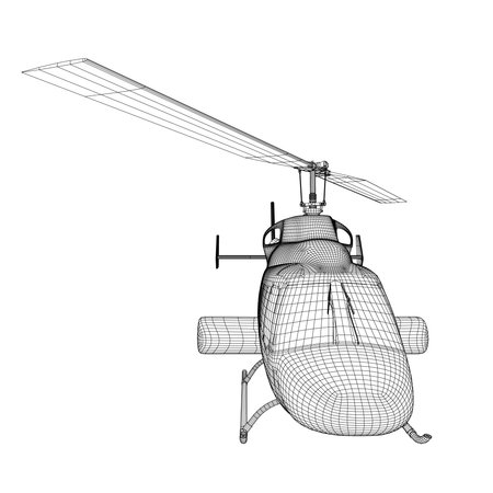 Helicopter detailed wireframe. Vector isolated on a white background. Adult military helicopter coloring page for book. Copter and Aircraft. Vector illustration. Black wireframe illustrated. 3D..のイラスト素材
