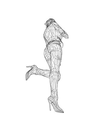 Wireframe of a girl standing on one leg, elegantly lifting her leg and raising her hand to her face. Curly hair. Vector illustration. Slim body, high heels, short hair, long legs. Young adult lady..のイラスト素材