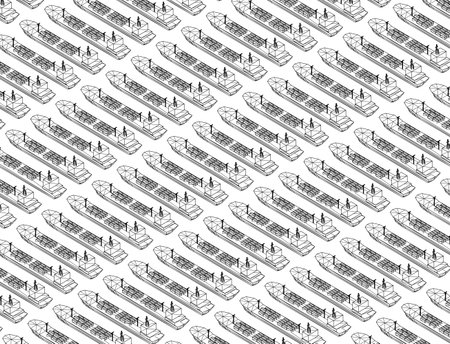 Background with a wireframe of many ships with containers from black lines isolated on a white background. Isometric view. 3D. Vector illustration.のイラスト素材