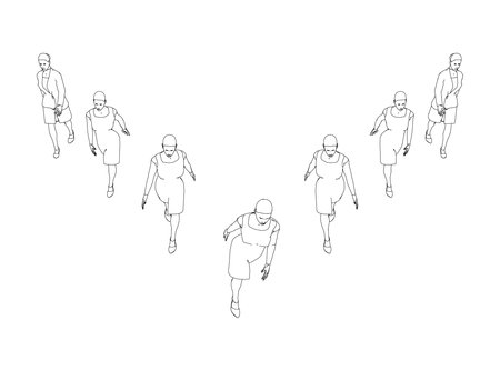 The contour of walking people in two rows of black lines isolated on a white background. Seven women. Front view. 3D. Vector illustration.のイラスト素材