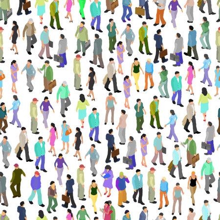 Seamless pattern with many people in different positions isolated on white background. Bright multicolored people in a flat style. Vector illustration.のイラスト素材