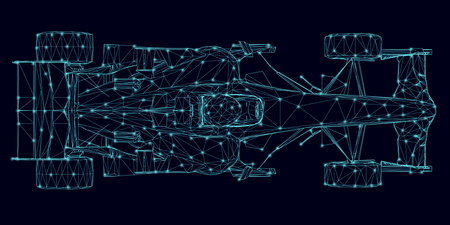 Racing car wireframe made of blue lines isolated on a dark background with glowing lights. View from above. 3D. Vector illustration.のイラスト素材