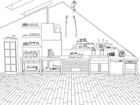 Outline of a large kitchen with black line fittings isolated on a white background. 3D. Vector illustration.のイラスト素材