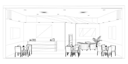 The contour of the cafe premises with tables and reception from black lines isolated on a white background. Front view. 3D. Vector illustration.のイラスト素材