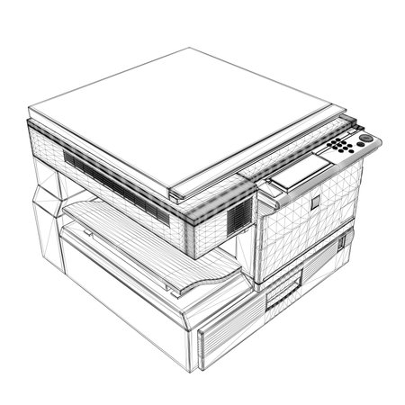 Office copier wireframe from black lines isolated on white background. Isometric view. 3D. Vector...