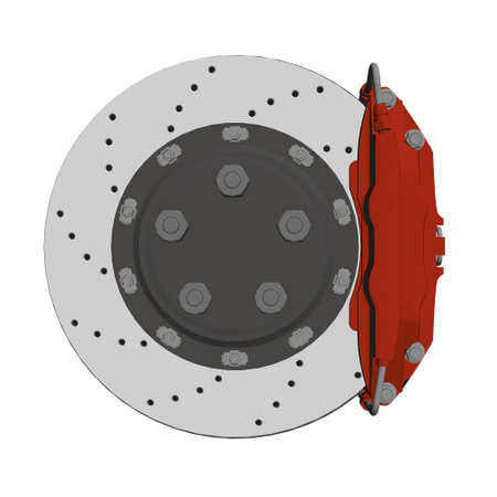 Polygonal model of a car brake disc with a red brake pad isolated on a white background. Front view. 3D. Vector illustration.のイラスト素材