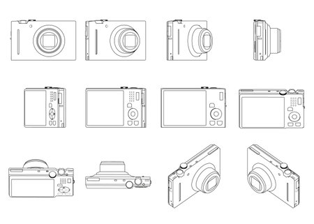 Set with the contours of the camera in different positions from black lines isolated on a white background. 3D. Vector illustration.のイラスト素材
