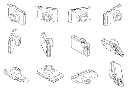 Set with the contours of the camera in different positions from black lines isolated on a white background. 3D. Vector illustration.のイラスト素材