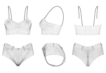 Set with a wireframe of a women's crop top with short shorts made of black lines isolated on a white background. Front, side, back view. 3D. Vector illustration.のイラスト素材