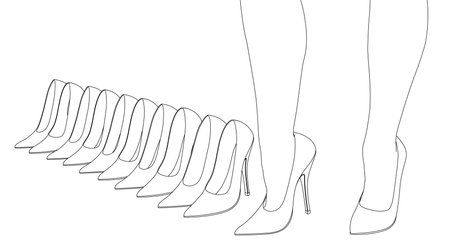 Outline of female legs in high heeled shoes and with a set of shoes from black lines isolated on a white background. Perspective view. Vector illustration.のイラスト素材