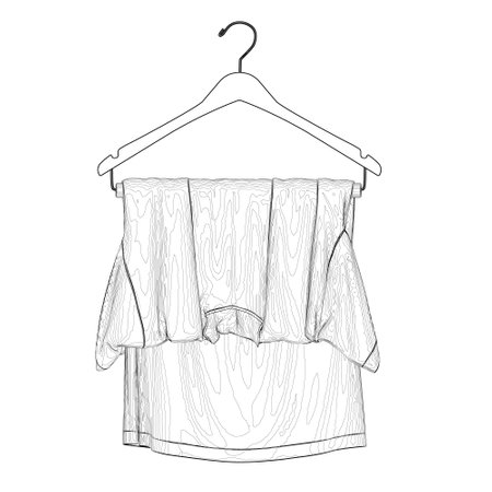 Outline of a T-shirt hanging on a hanger from black lines isolated on a white background. Front view. Vector illustration.のイラスト素材
