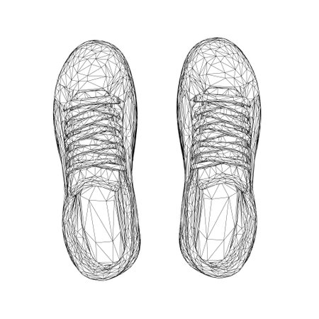Wireframe of sports sneakers from black lines isolated on white background. View from above. 3D. Vector illustration.のイラスト素材