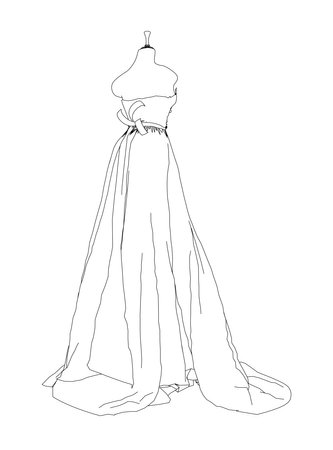 Contour of a wedding dress on a mannequin from black lines isolated on a white background. Back view. 3D. Vector illustration.のイラスト素材