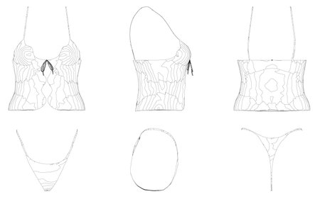 Set with contours of sexy women underwear from black lines isolated on white background. Front, side, back view. Vector illustration.のイラスト素材