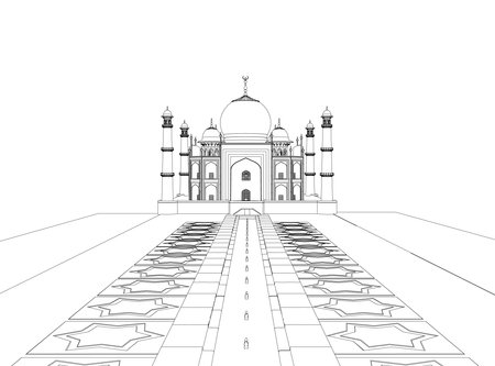 Outline of the Taj Mahal temple from black lines isolated on a white background. Front view. Vector illustration.のイラスト素材
