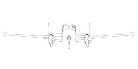 Outline of an airplane with propellers from black lines isolated on a white background. Front view. Vector illustration.のイラスト素材