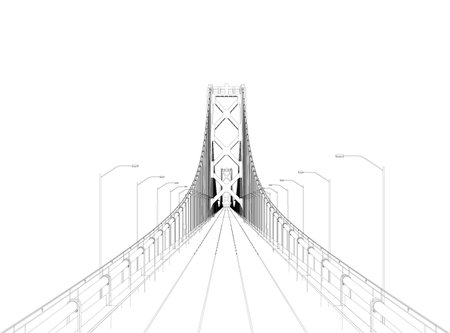 Outline of a large detailed bridge with lanterns. Front view. 3D. Vector illustration.