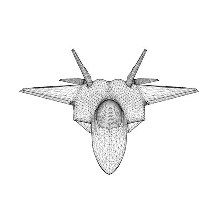 Combat fighter jet wireframe from black lines isolated on white background. Front view. 3D. Vector...