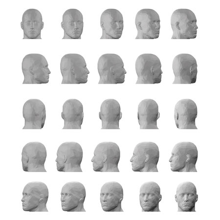 Set with male head model in different positions isolated on white background. The head turns fifteen...