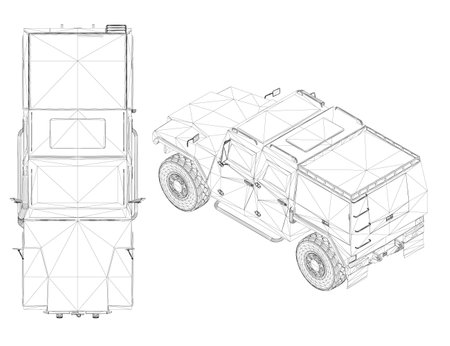 Black line combat truck wireframe isolated on white background. Isometric view from above. 3D. Vector illustration.のイラスト素材