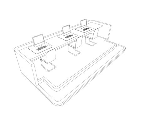 Outline of a reception desk with three computers and chairs from black lines isolated on a white background. Perspective view. Vector illustration.のイラスト素材