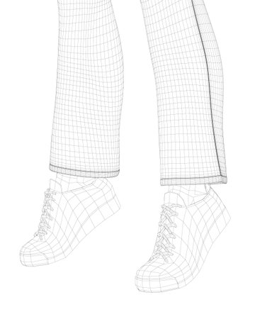 Wireframe of human legs in sneakers and pants from black lines isolated on white background. Side view 3D. Vector illustration.のイラスト素材