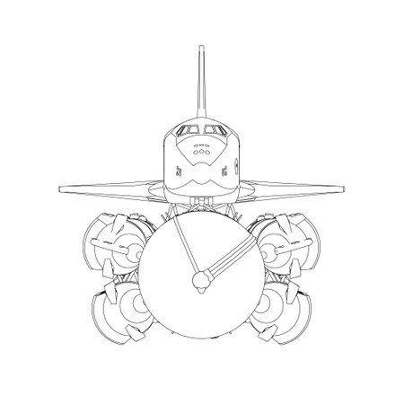 Outline of a rocket with a spaceship from black lines isolated on a white background. Front view. Vector illustration.のイラスト素材
