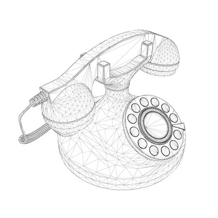 Wireframe of an old wired telephone from black lines isolated on a white background. Isometric view. 3D. Vector illustration.のイラスト素材